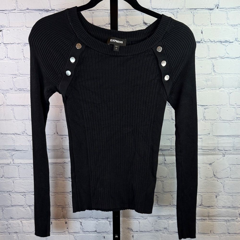 Express Women's Black Long Sleeve Top with Button Detail